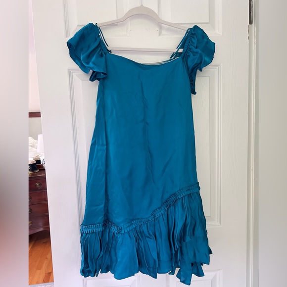 Cinq á Sept Minella Off-the-Shoulder Ruffled Satin Mini Dress in Teal - Picture 5 of 9